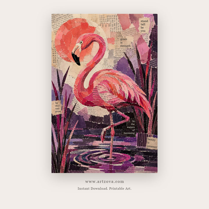 Flamingo Reverie Collage – bird wall art printable in Pink and Purple
