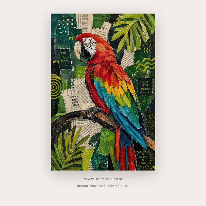 Scarlet Macaw Collage – bird wall art printable in Red and Green