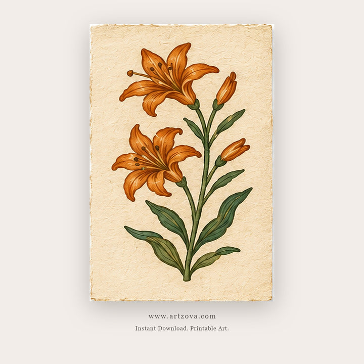 Vintage Amber Lily – botanical & floral art printable in Orange and Cream