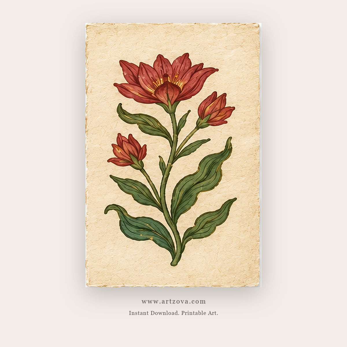 Vintage Crimson Bloom – botanical & floral art printable in Red and Green