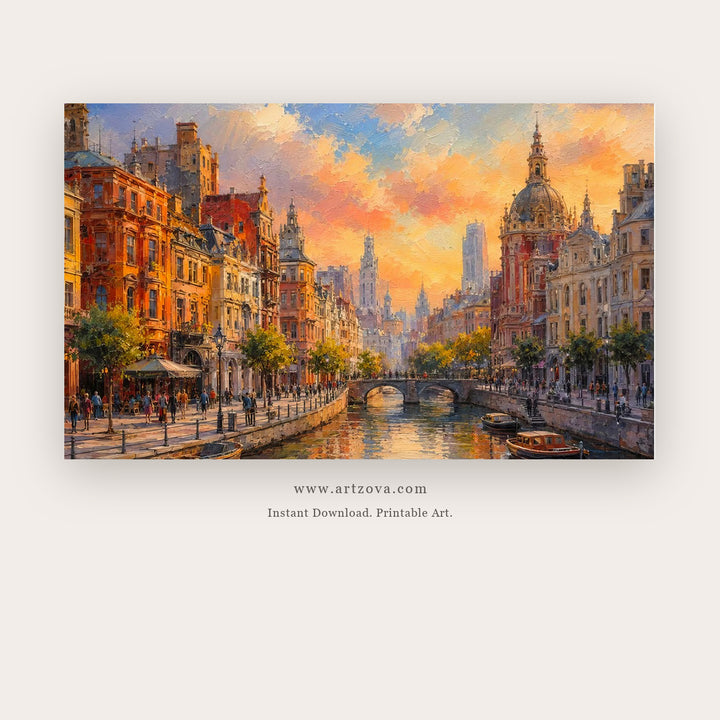 Amsterdam Canal at Golden Hour – european theme art printable in Orange and Blue