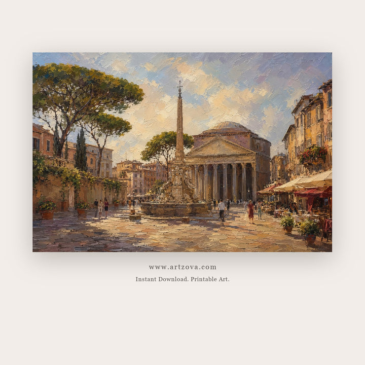 Roman Pantheon Morning – european theme art printable in Brown and Green