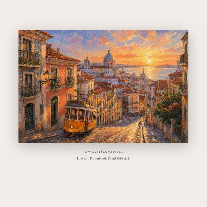 Lisbon Tram at Sunset – european theme art printable in Orange and Purple