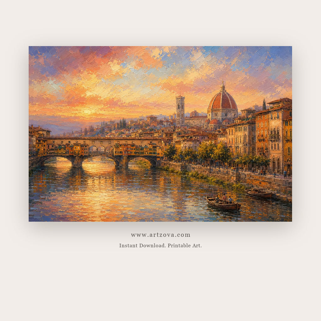 Florence Arno at Sunset – european theme art printable in Orange and Gold