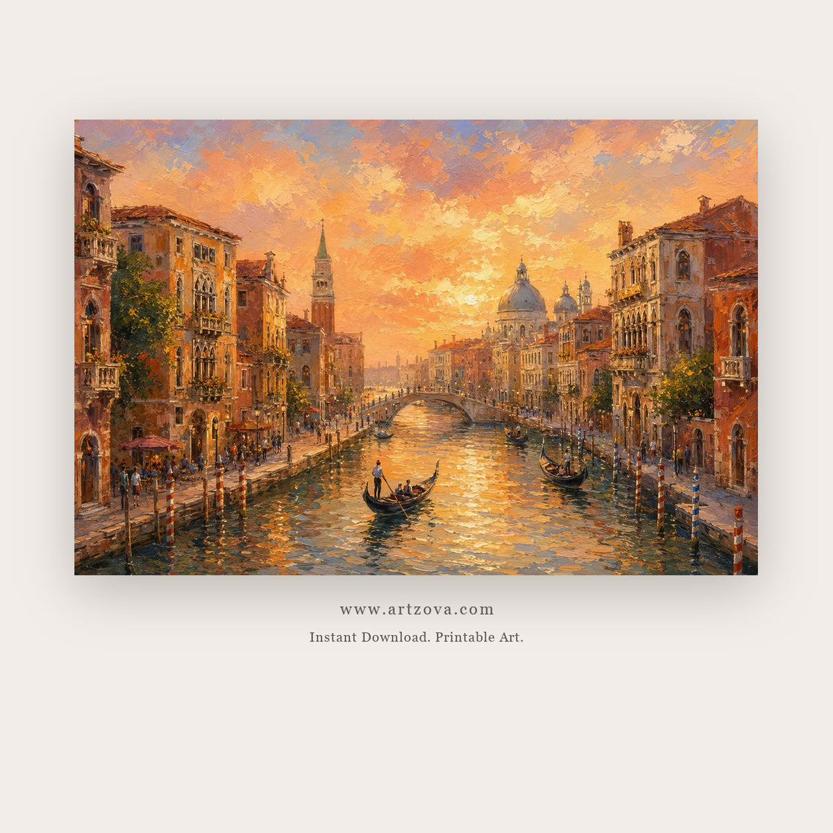 Venetian Canal Evening – european theme art printable in Orange and Blue