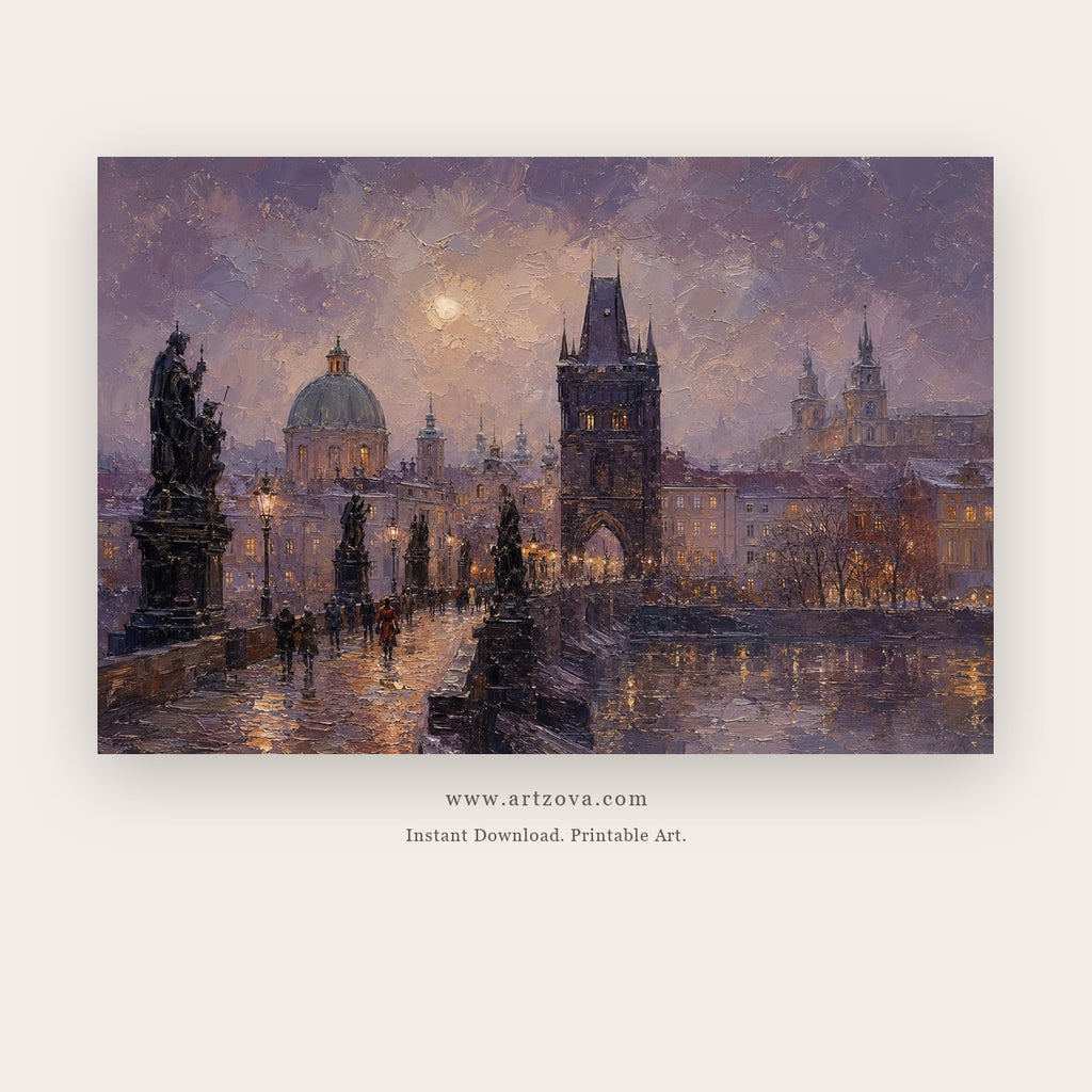 Prague Bridge in Winter – european theme art printable in Purple and Gray