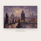 Prague Bridge in Winter – european theme art printable in Purple and Gray