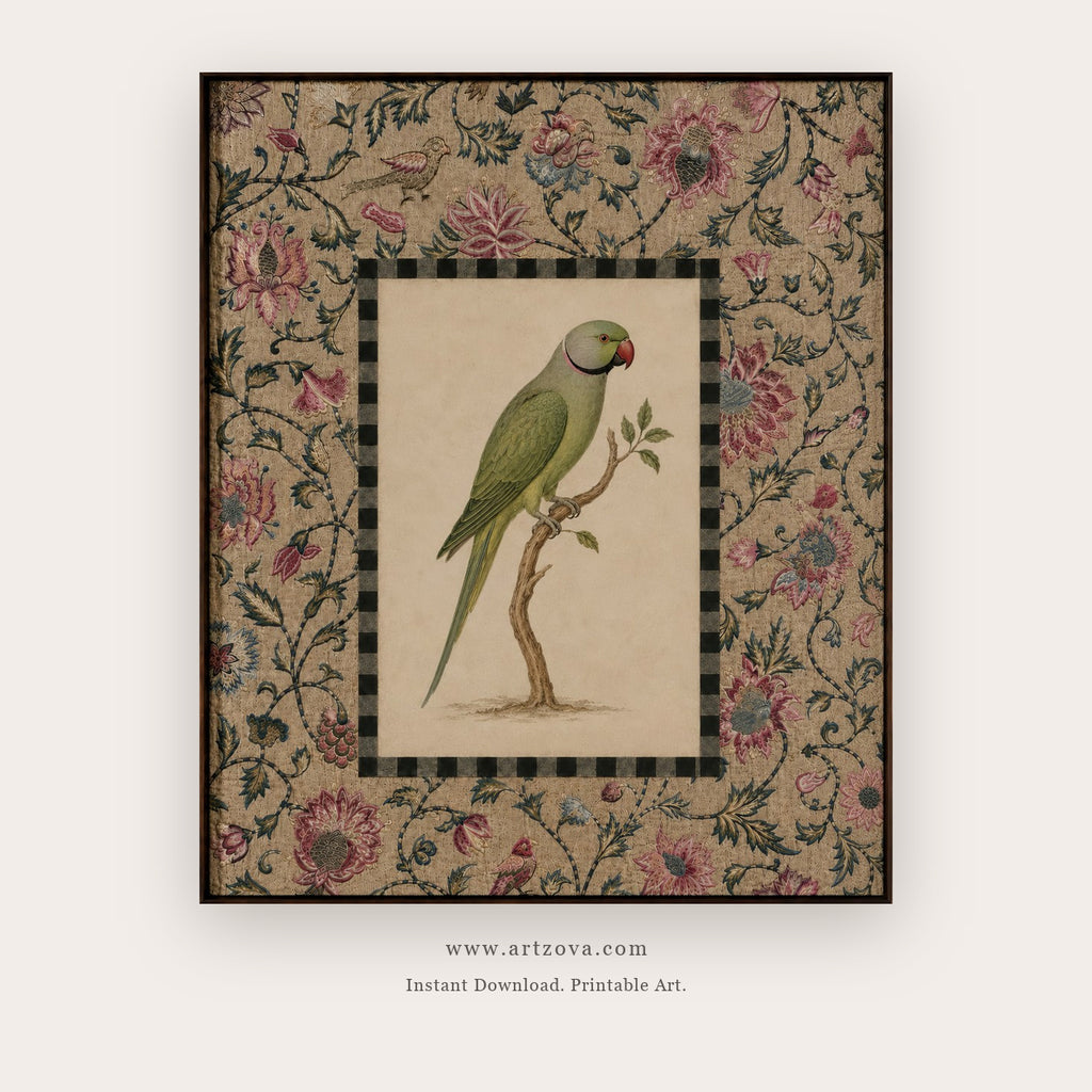 Green Parrot in a Mughal Garden printable bird wall art