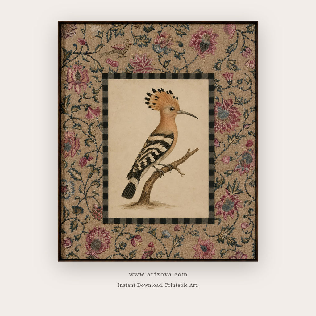 Crowned Hoopoe in a Floral Tapestry printable bird wall art