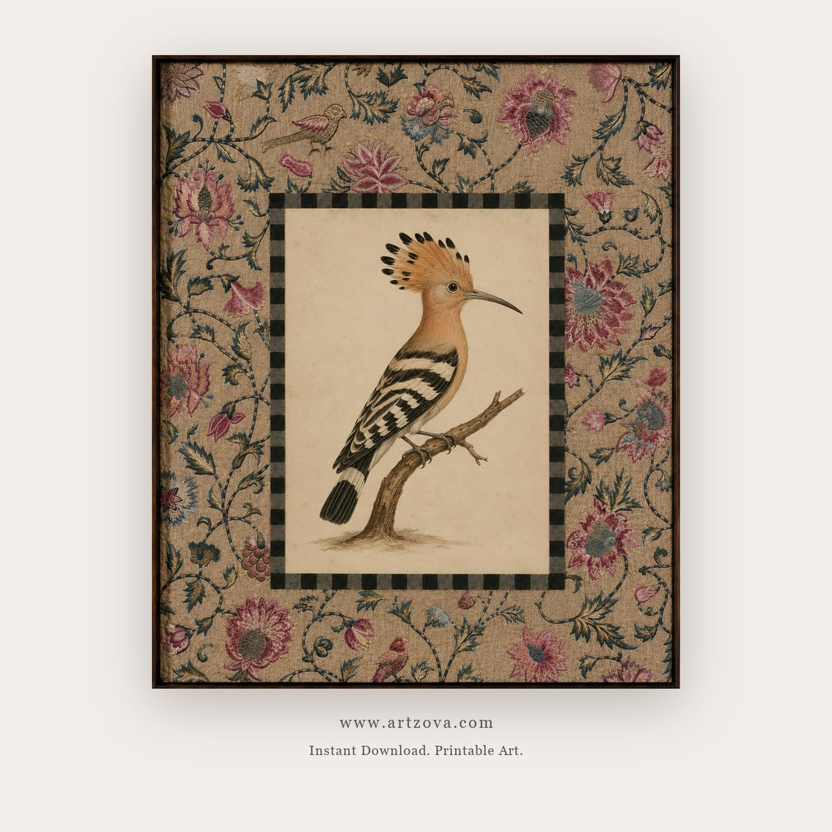 Crowned Hoopoe in a Floral Tapestry printable bird wall art