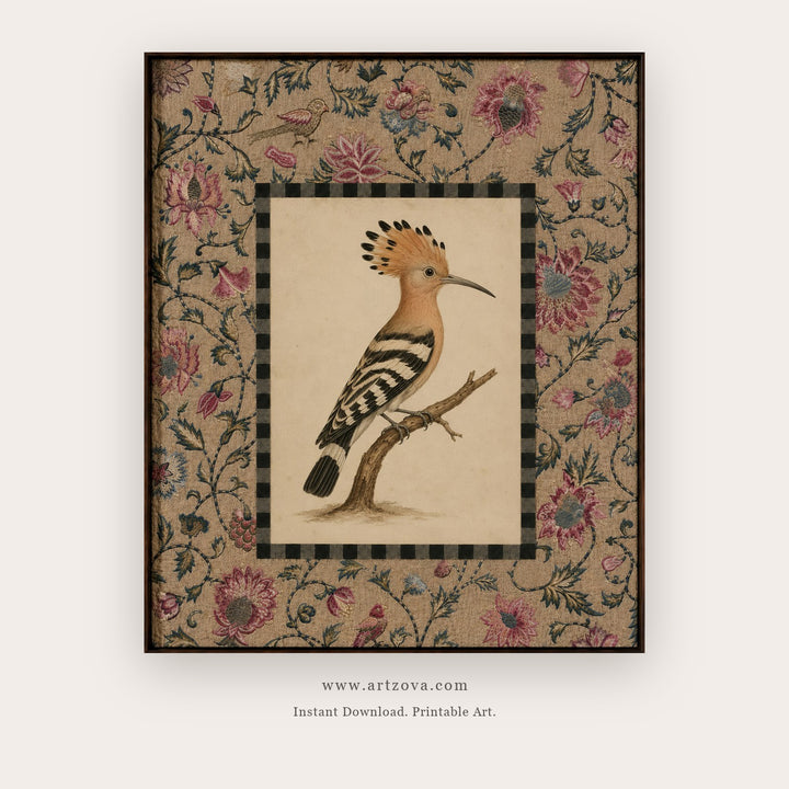 Crowned Hoopoe in a Floral Tapestry printable bird wall art