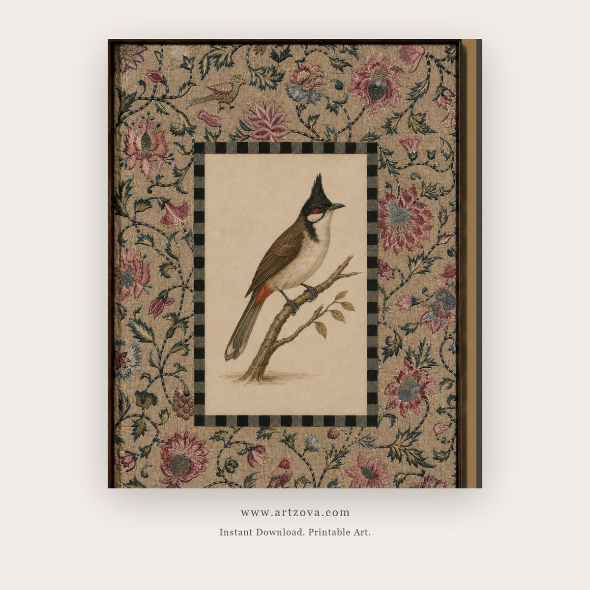 Crested Songbird in a Floral Tapestry printable bird wall art