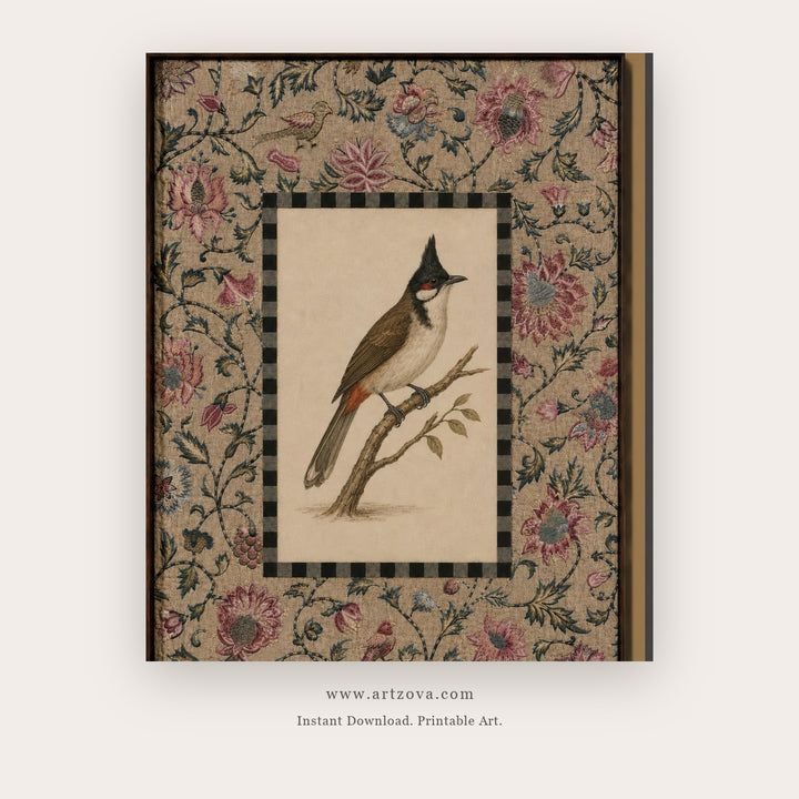 Crested Songbird in a Floral Tapestry printable bird wall art