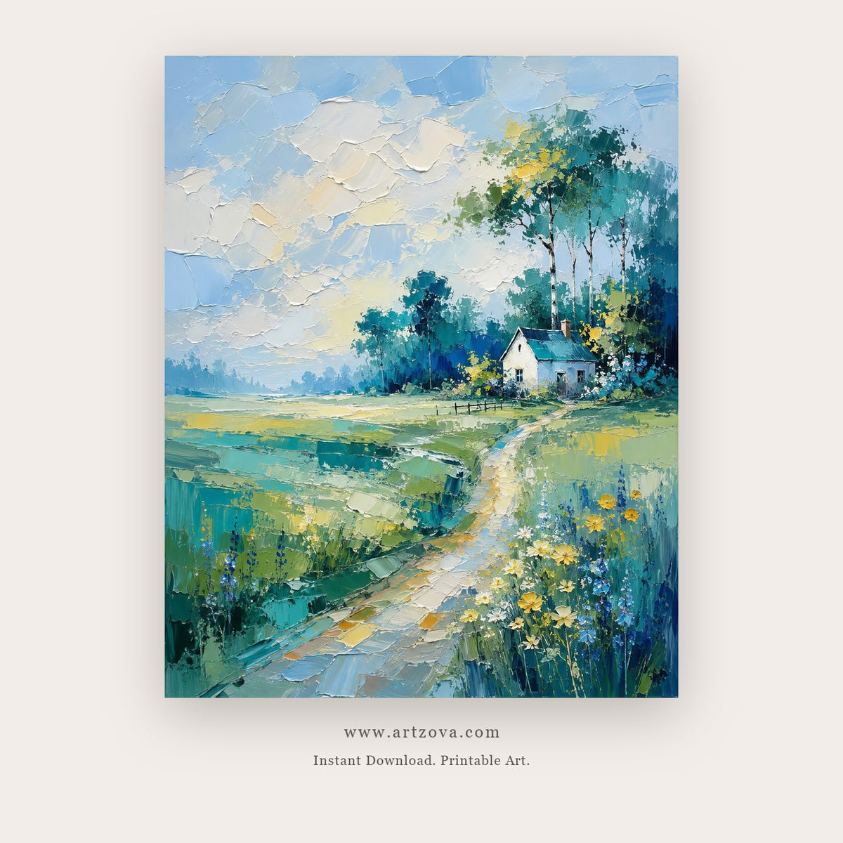 Blue Morning Cottage printable landscape wall art