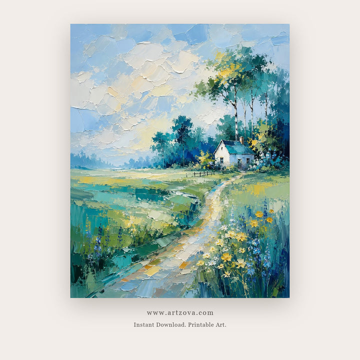 Blue Morning Cottage printable landscape wall art