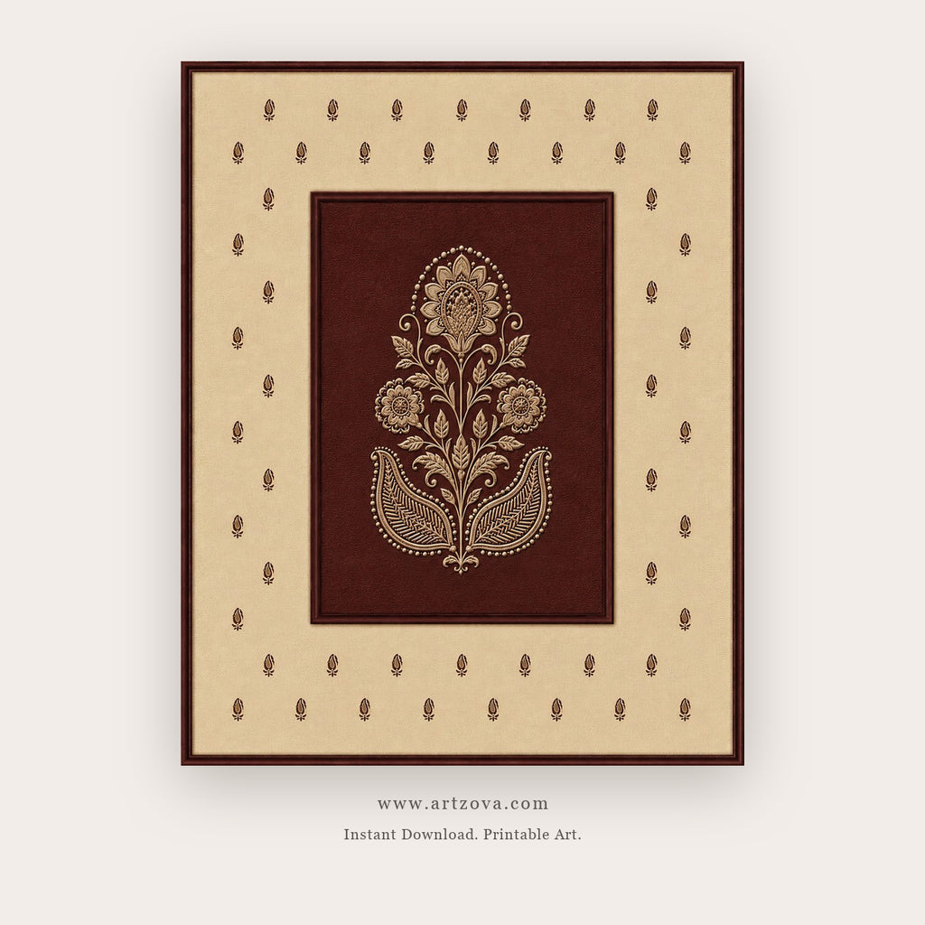 Maroon Floral Folk Motif printable Indian folk wall art