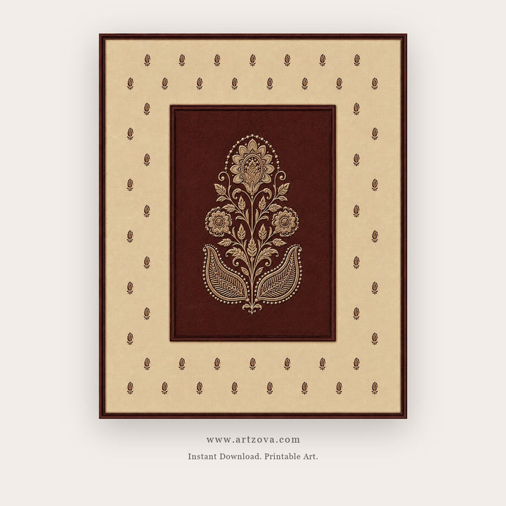 Maroon Floral Folk Motif printable Indian folk wall art