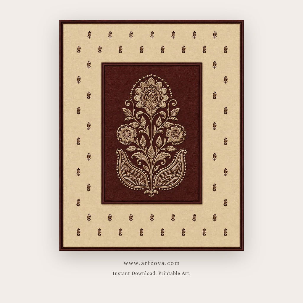 Maroon Lotus Folk Motif printable Indian folk wall art
