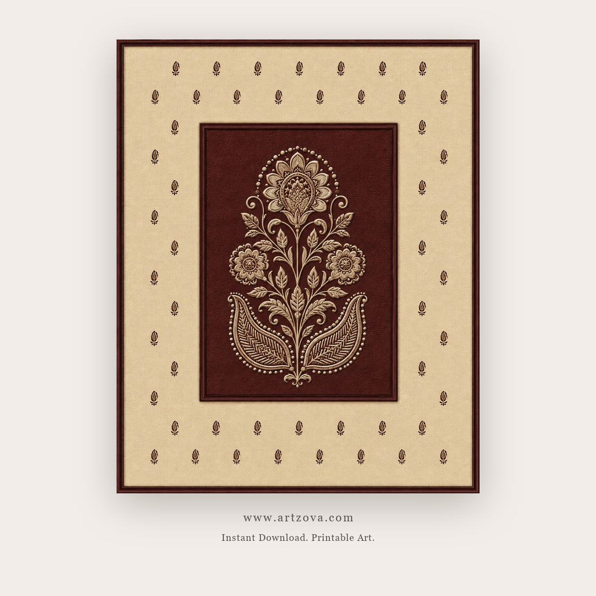 Maroon Lotus Folk Motif printable Indian folk wall art