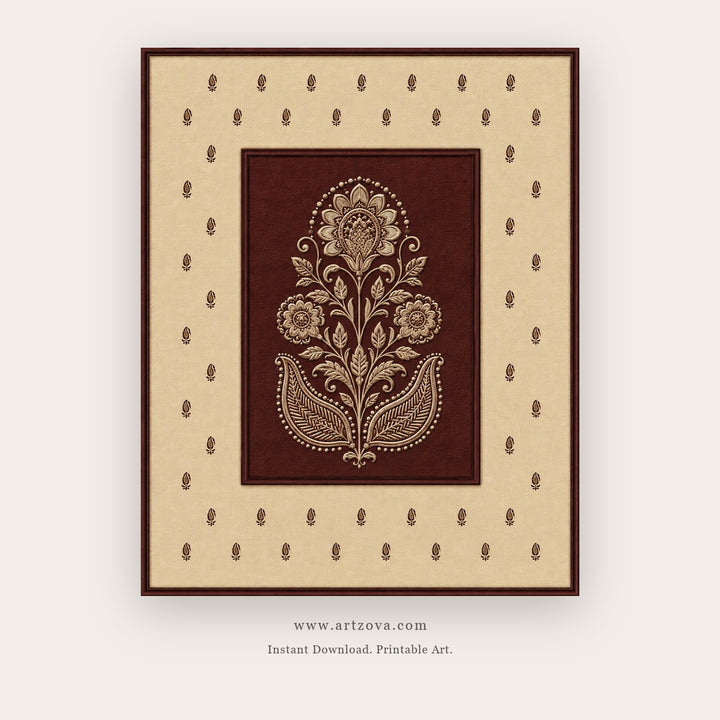 Maroon Lotus Folk Motif printable Indian folk wall art