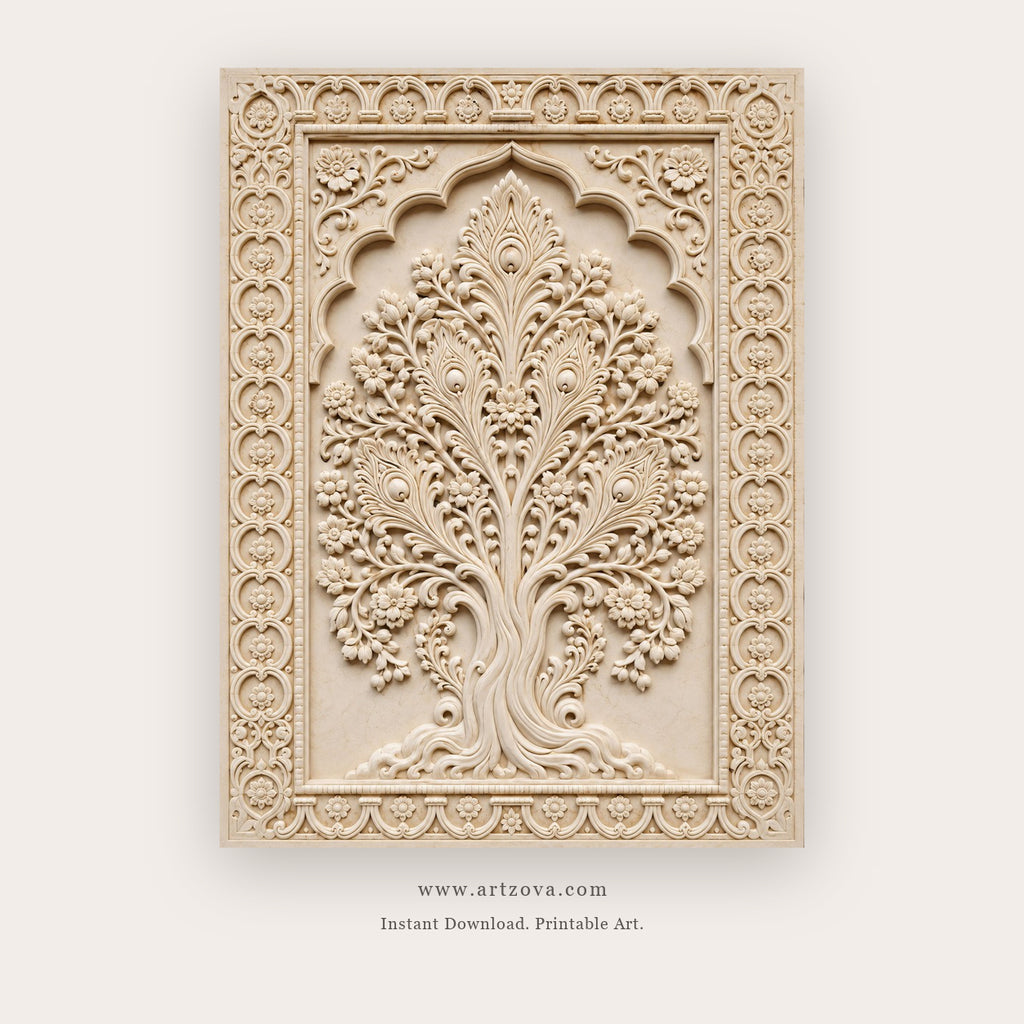 Ornate Ivory Tree of Life printable Indian folk wall art