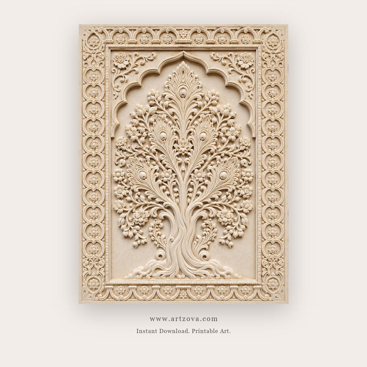 Ornate Ivory Tree of Life printable Indian folk wall art