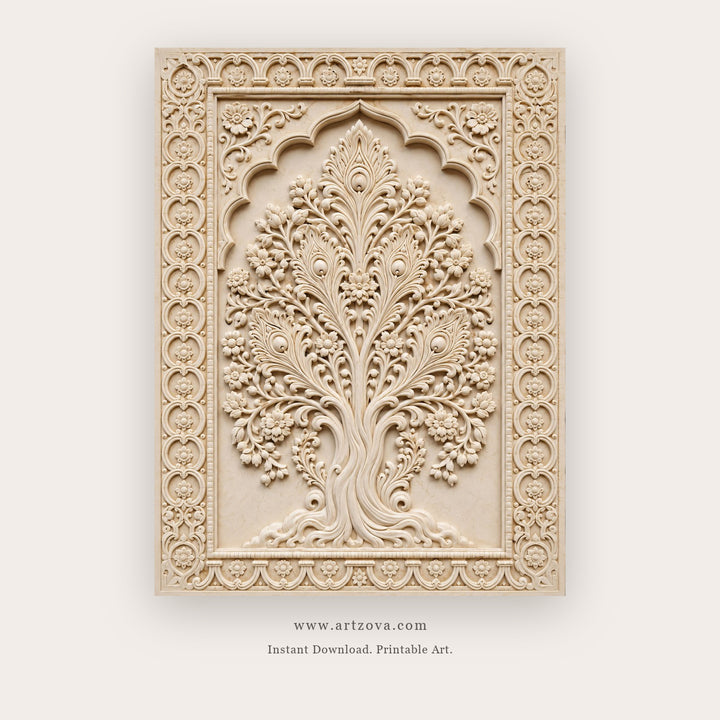 Ornate Ivory Tree of Life printable Indian folk wall art