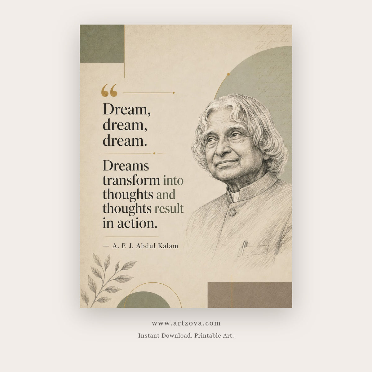 Dreams Transform Into Thoughts and Action printable motivational quote wall art