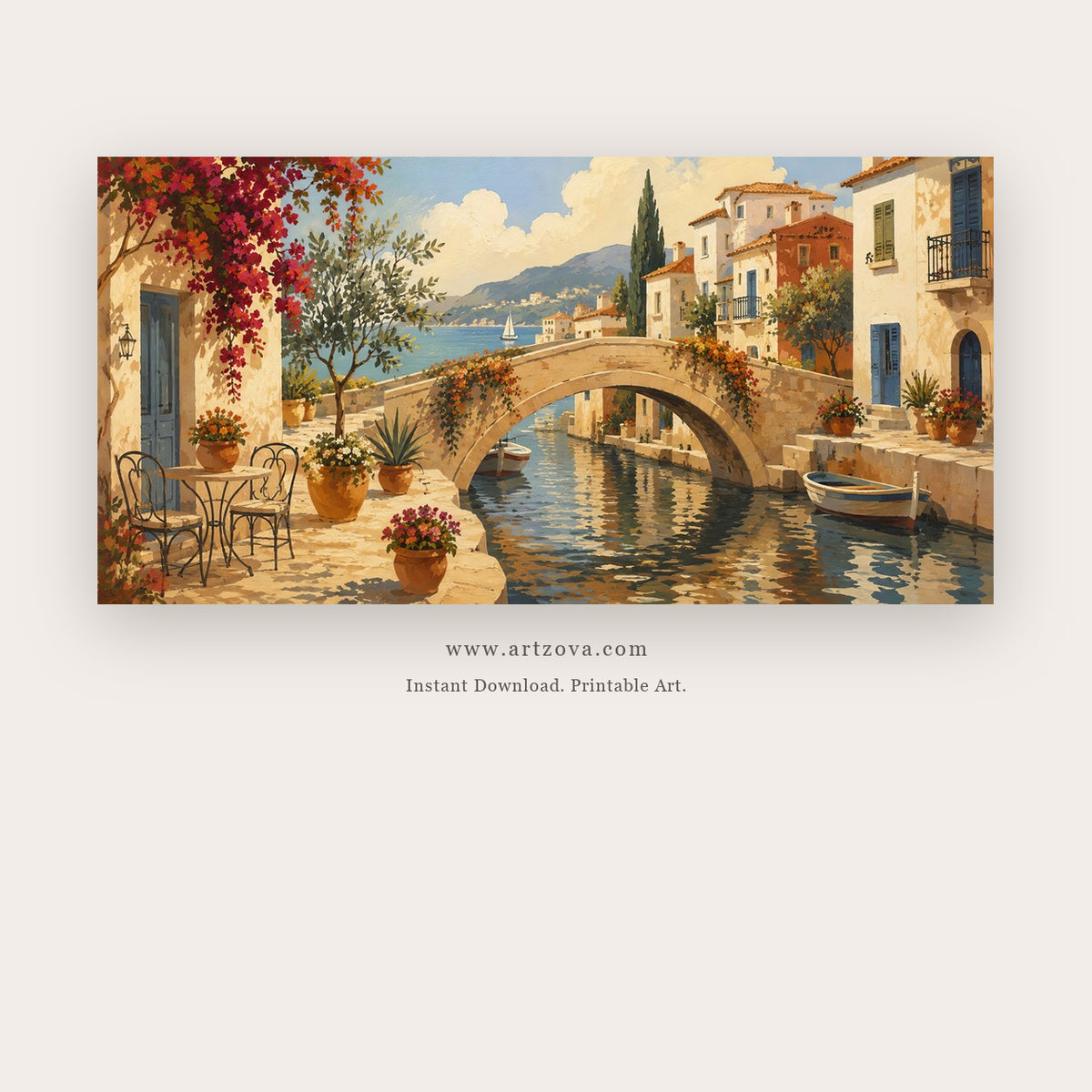 Bougainvillea Bridge Over a Coastal Canal printable coastal wall art