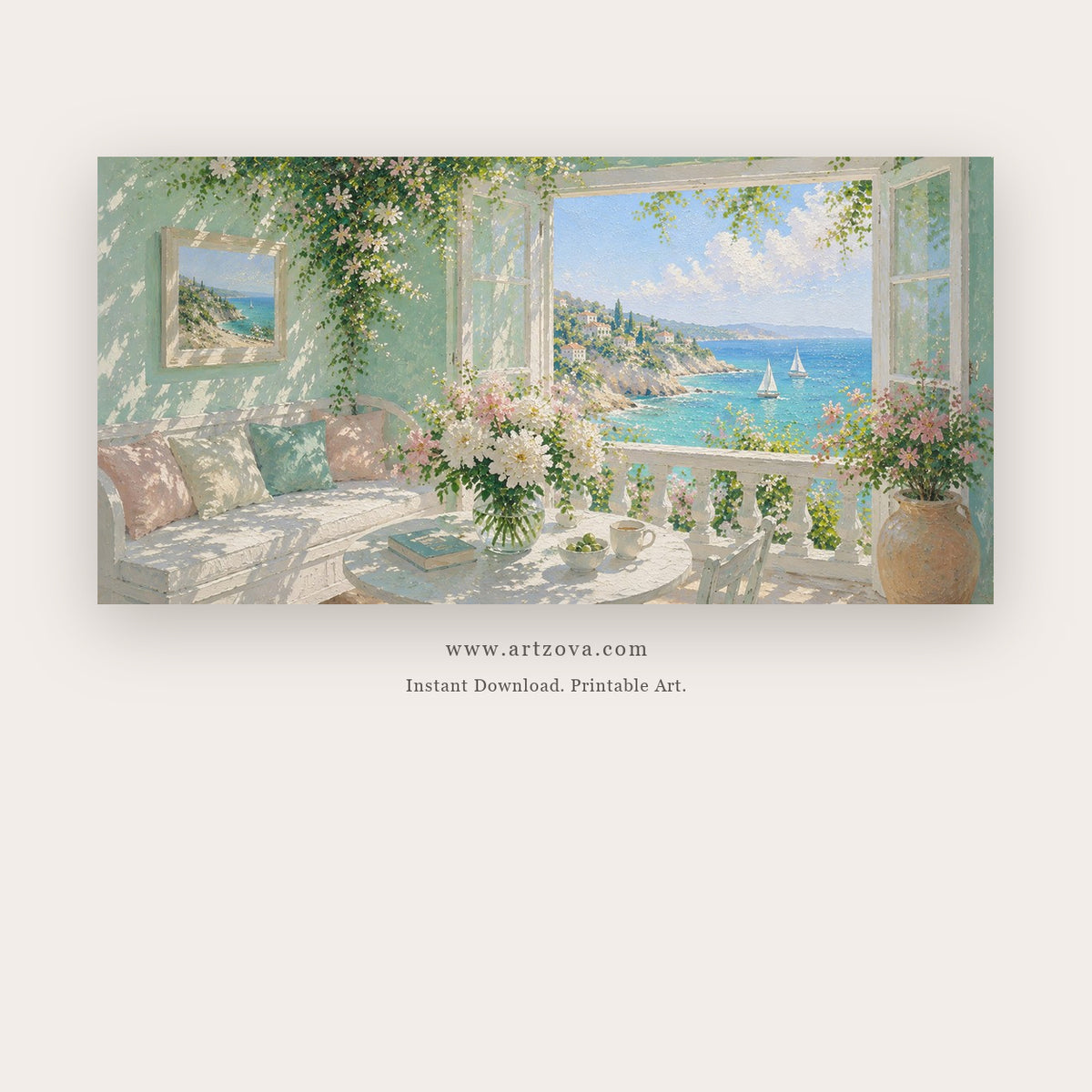 Sunlit Mediterranean Room With Sea View printable coastal wall art