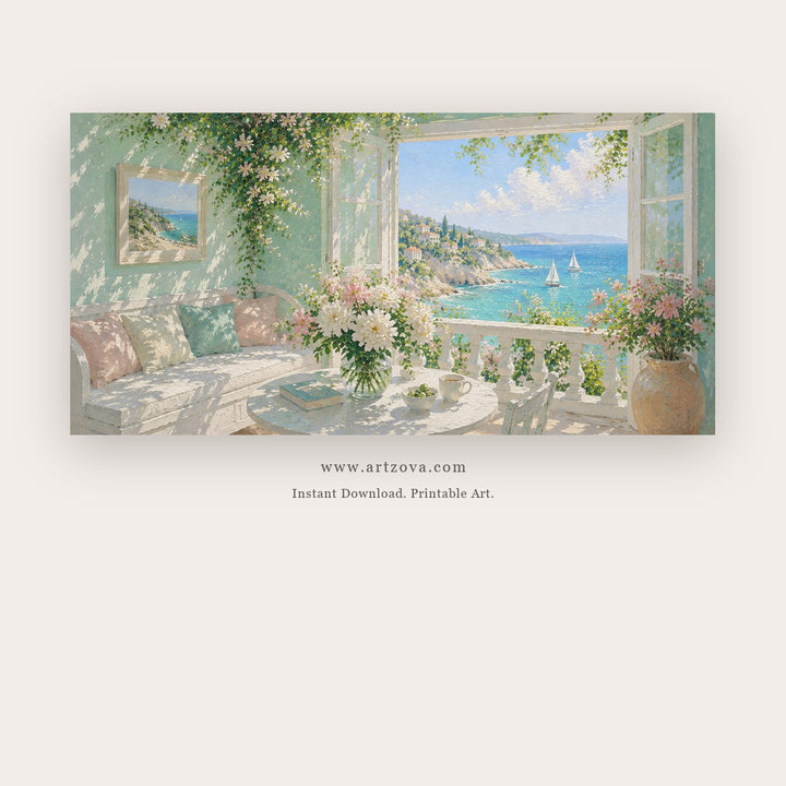 Sunlit Mediterranean Room With Sea View printable coastal wall art