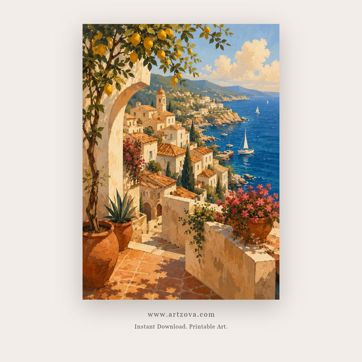 Stone Arch Over a Golden Coastal Village printable coastal wall art