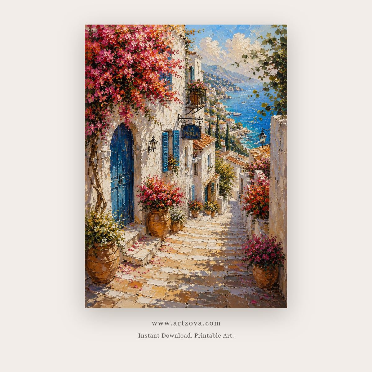Bougainvillea Lane to the Blue Sea printable coastal wall art