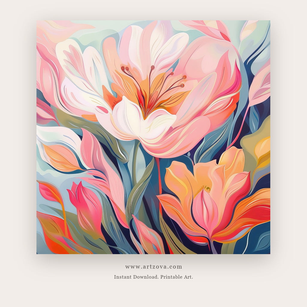 Day Blooms printable botanical & floral art in Coral and Navy Blue - Artzova