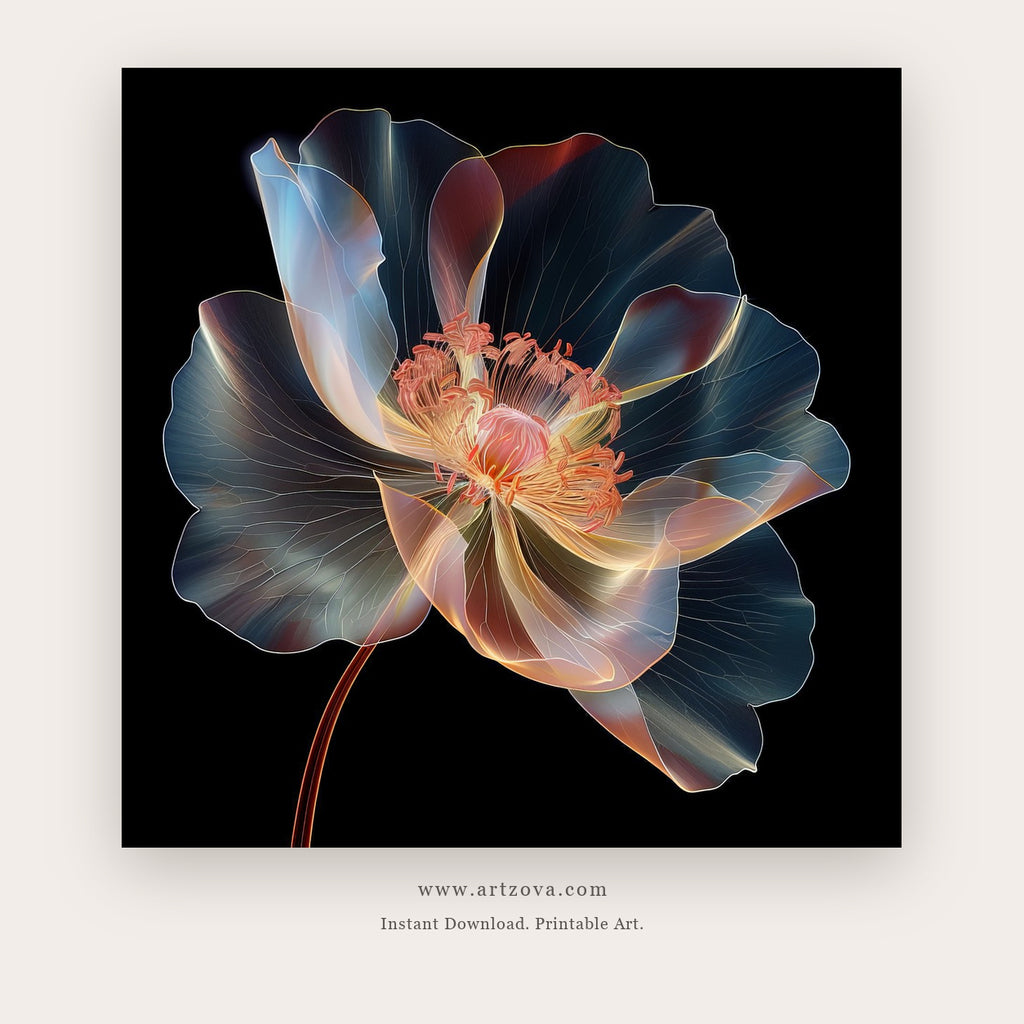 Blooms Morning printable botanical & floral art in Navy Blue and Tan - Artzova