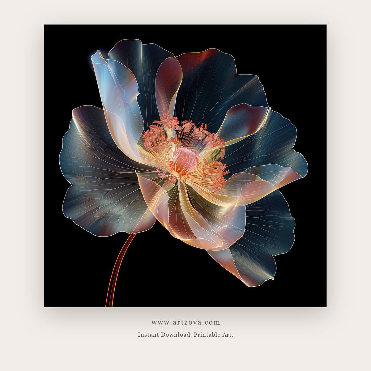Blooms Morning printable botanical & floral art in Navy Blue and Tan - Artzova