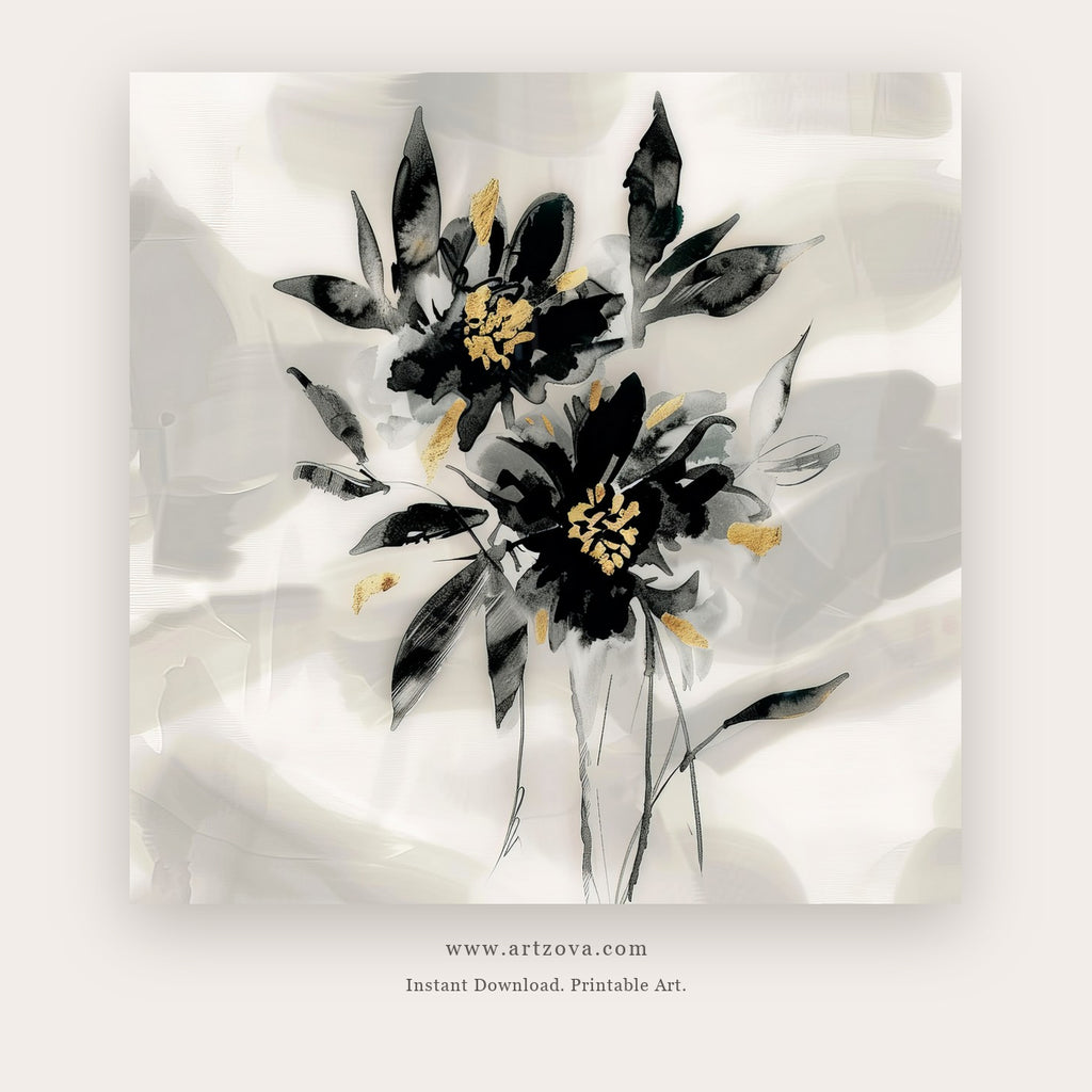 Silver Bloom printable botanical & floral art in Silver and White - Artzova
