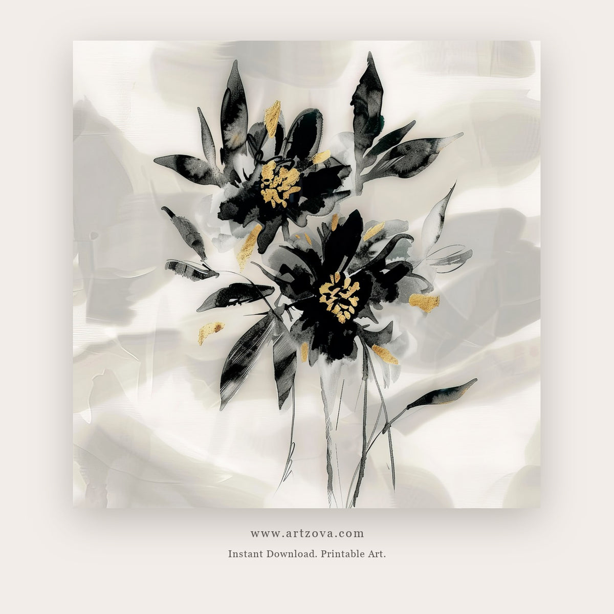 Silver Bloom printable botanical & floral art in Silver and White - Artzova