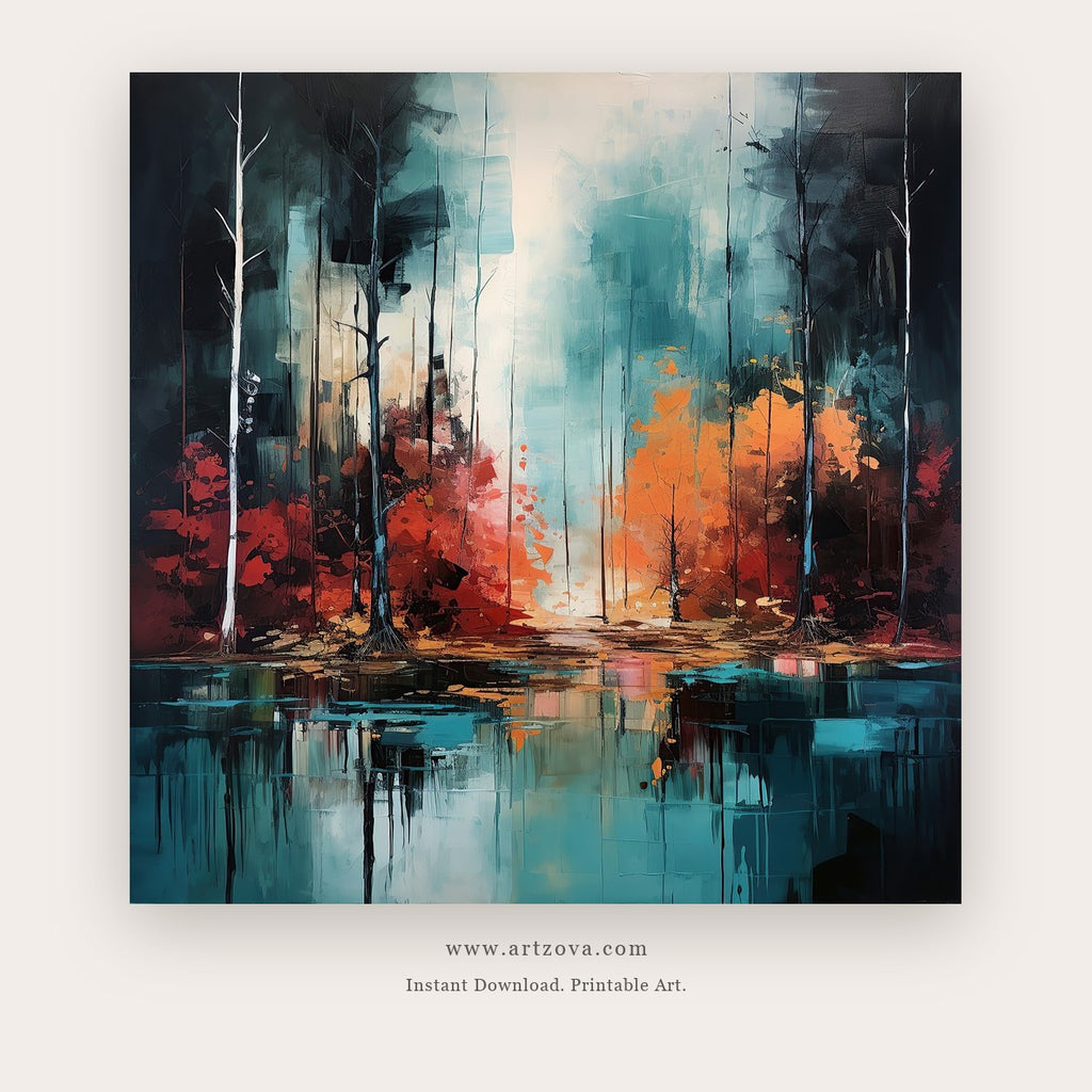 Autumn Reflections printable teal and orange abstract wall art - Artzova