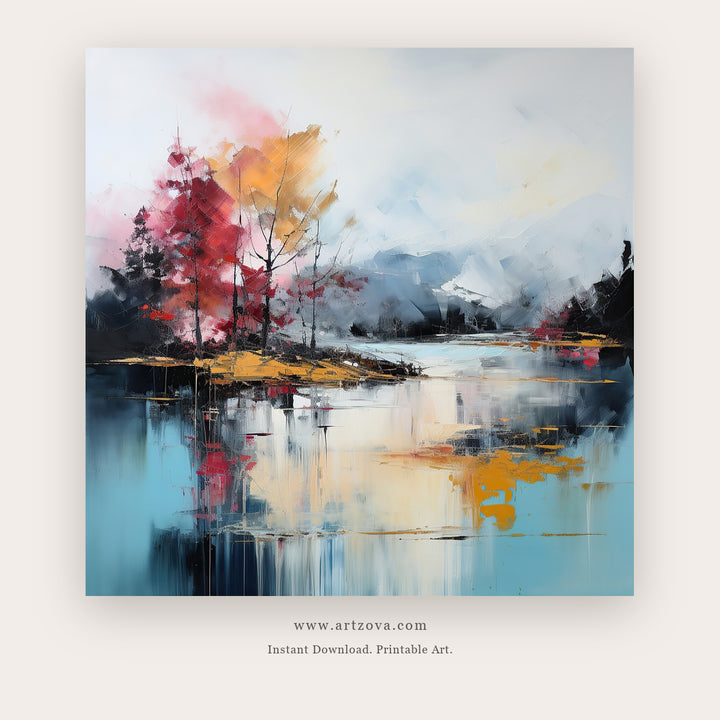 Crimson Lakeside printable abstract lake wall art - Artzova