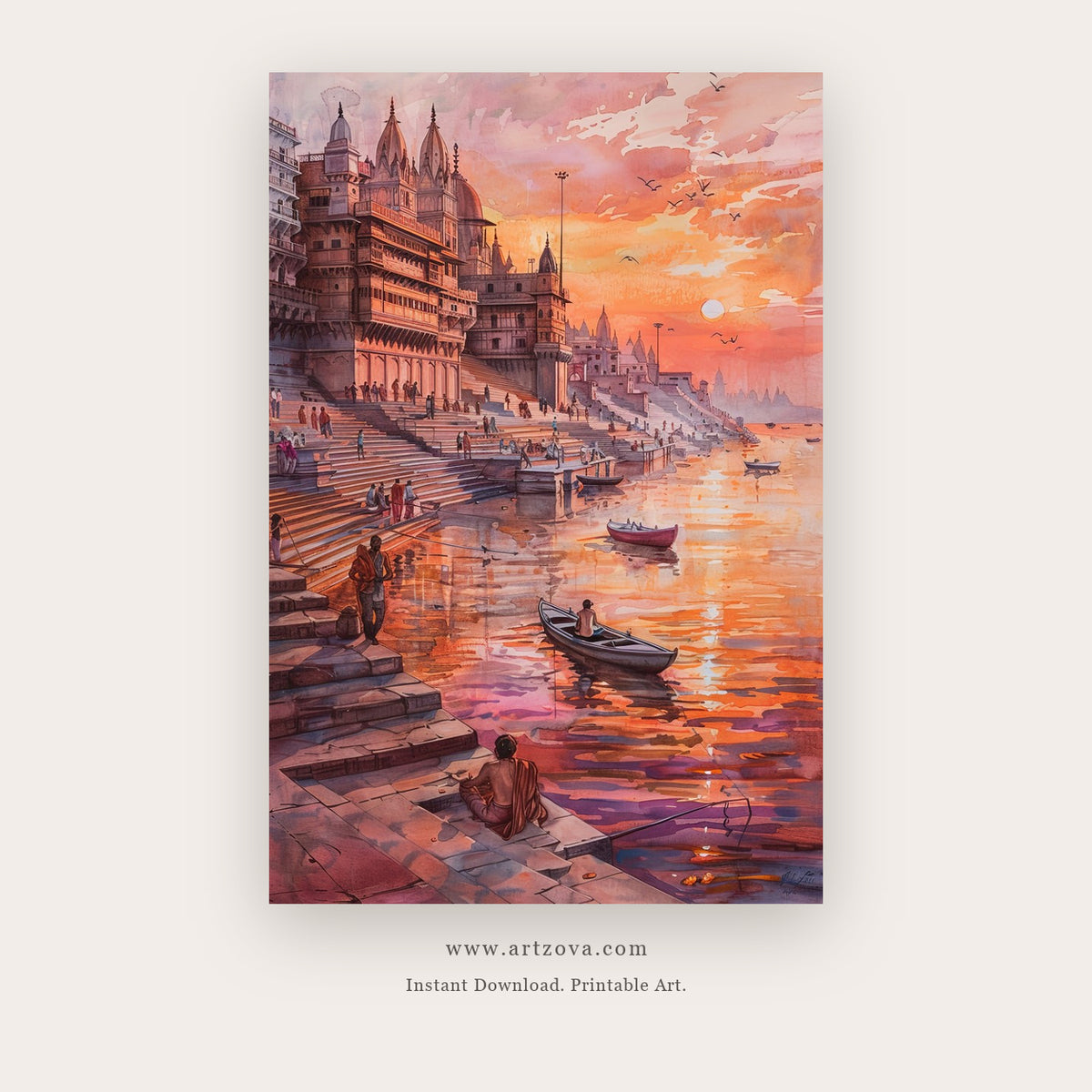River Steps printable indian art in Peach and Chocolate Brown - Artzova