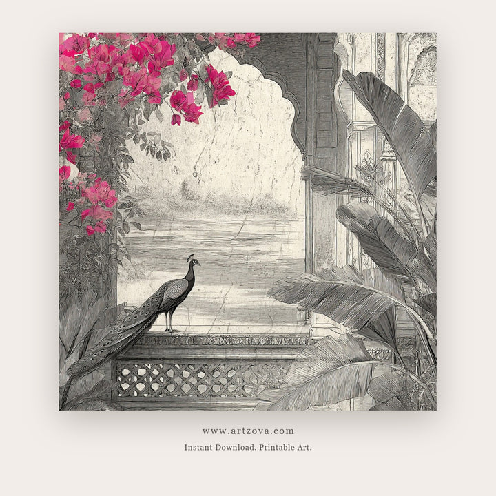 Soft Color Peacock printable bird wall art in Pink and Gray - Artzova