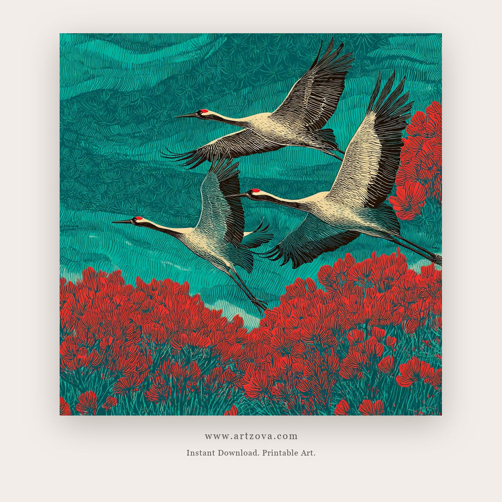 Feathers Meet printable bird wall art in Teal and Turquoise - Artzova