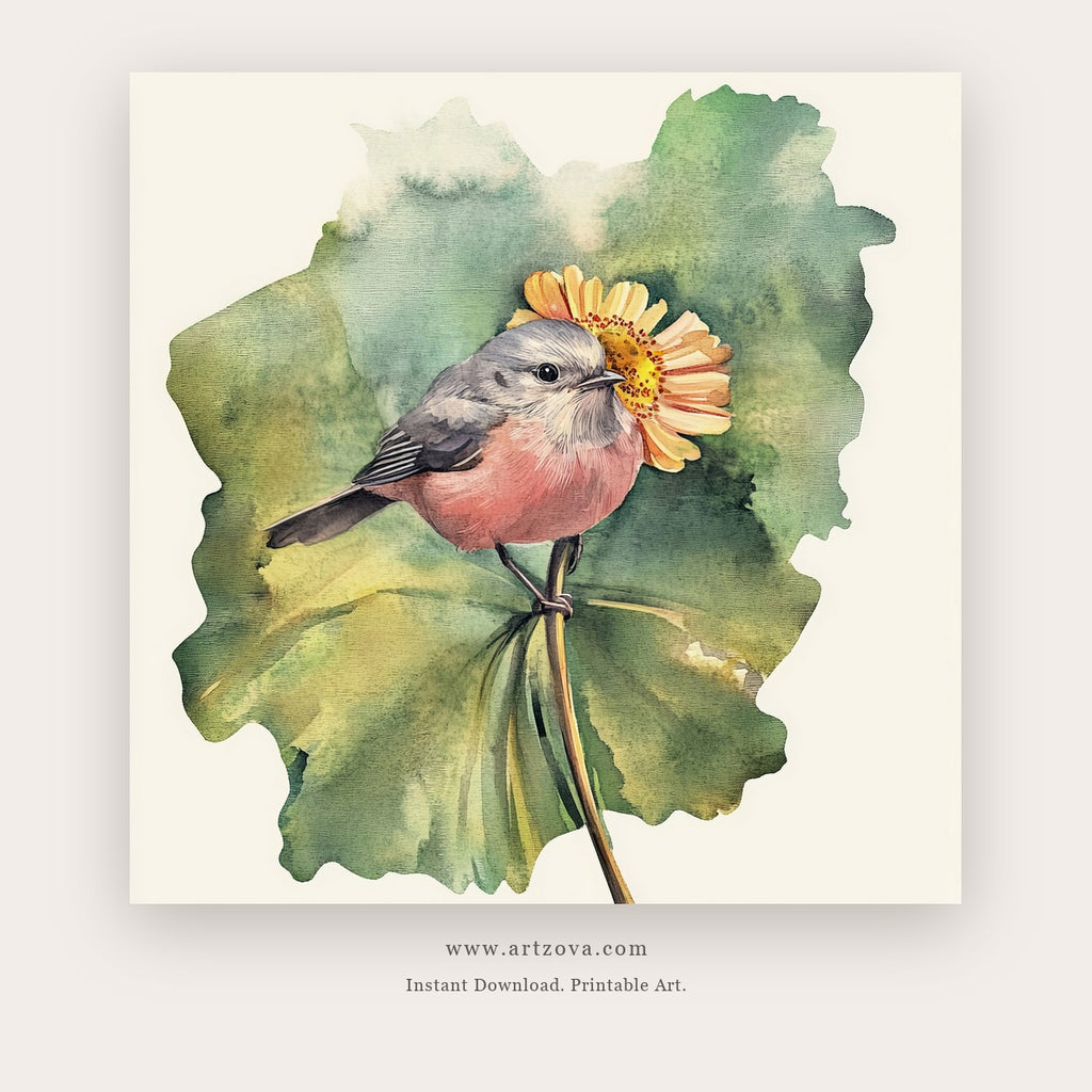 Song Branches printable bird wall art in White and Sage Green - Artzova