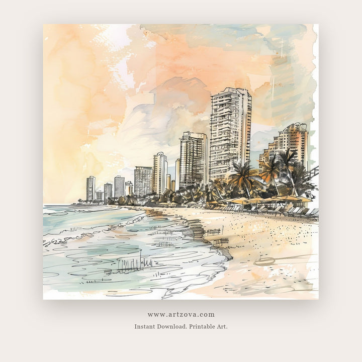 Waves Morning printable coastal wall art in Cream and White - Artzova