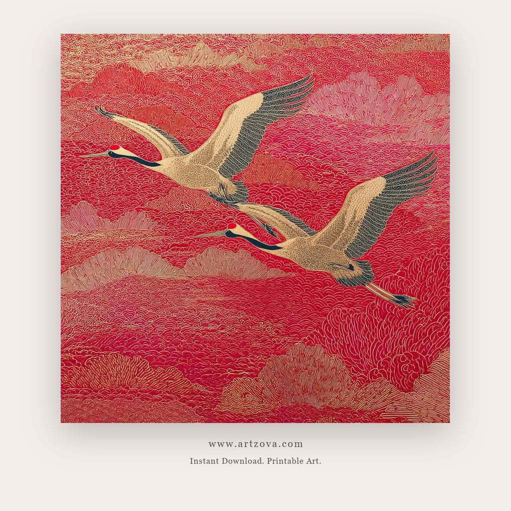 Feathers printable bird wall art in Coral and Red - Artzova