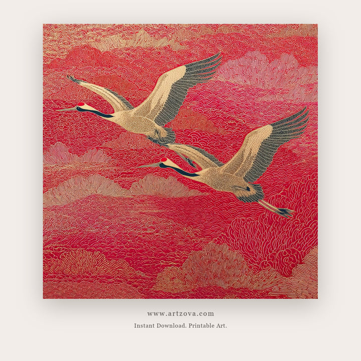 Feathers printable bird wall art in Coral and Red - Artzova
