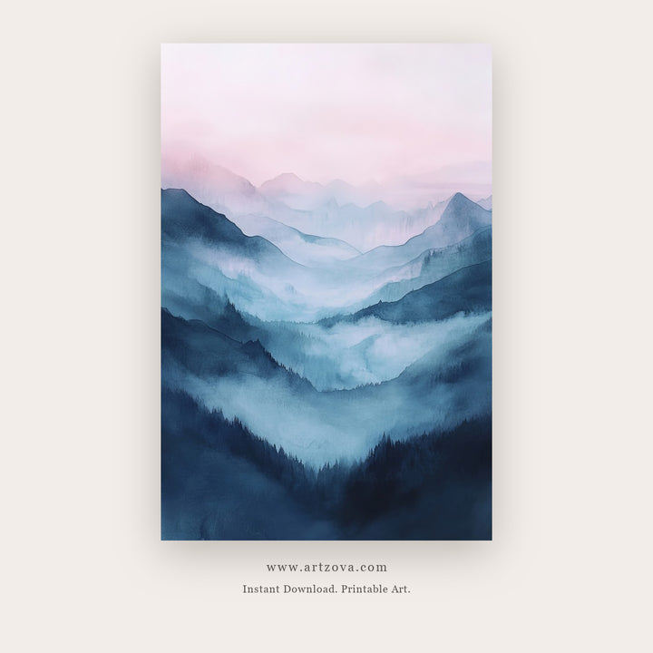 Blue Landscape printable landscape wall art in Navy Blue and Blue - Artzova