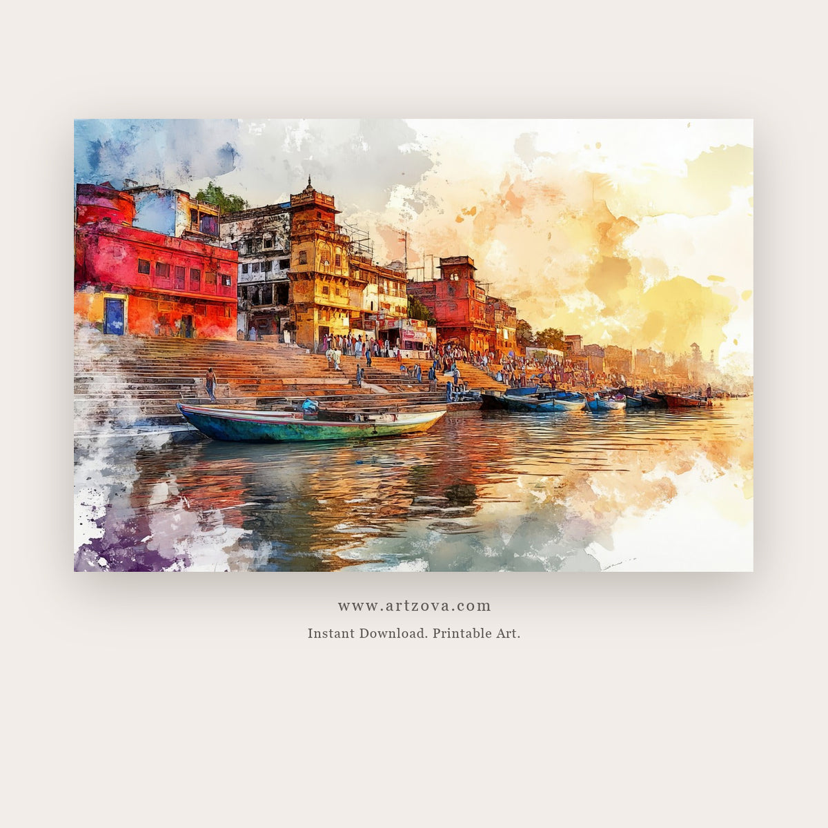 Light Banaras printable indian art in Tan and Terracotta - Artzova