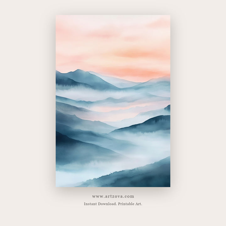 Country Soft Skies printable landscape wall art in Blue and White - Artzova